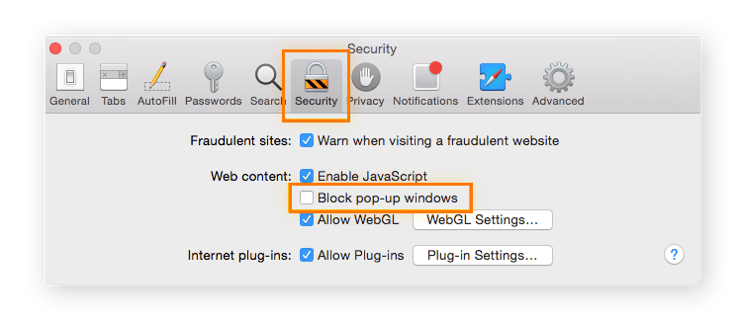 Desmarcando a opção “Bloquear janelas pop-up” na guia Segurança nas Preferências do Safari
