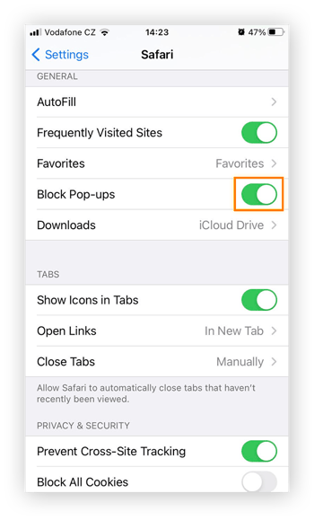 Highlighting the 'Block Pop-ups' toggle in the on position under Safari in Apple mobile settings