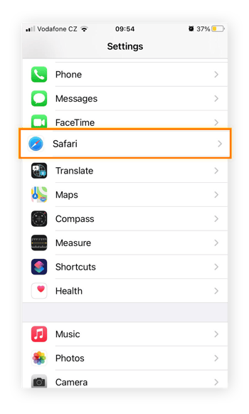 Safari ist in den Apple-Mobileinstellungen hervorgehoben