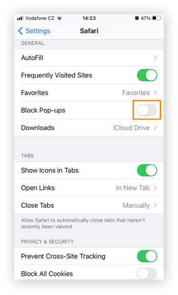 Highlighting the 'Block Pop-ups' toggle in the off position in Apple mobile settings