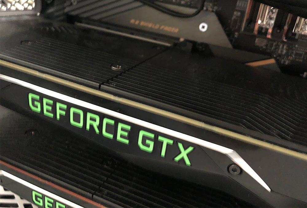 An NVIDIA GeForce GTX graphics card inserted into a motherboard
