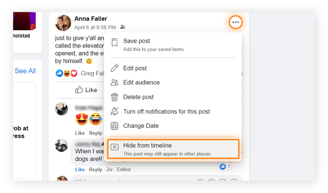 To hide a post from your timeline, select the three-dot icon at the right side of the post, and then select "hide from timeline" from the dropdown menu.
