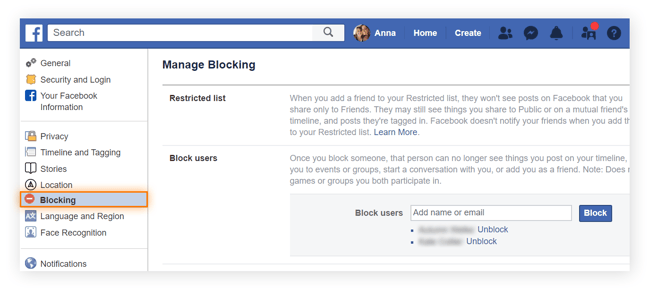 You can customize your contact with certain Facebook groups or users from the "Blocking" section of your "General Account Settings" page. The search bar feature under the "block users" section allows you to find and cut contact with particular profiles.