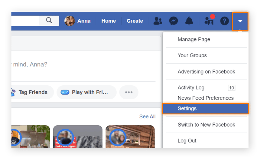To find your Facebook settings page, click on the small triangle icon in the top right of your screen, and then select the "settings" option from the dropdown menu.