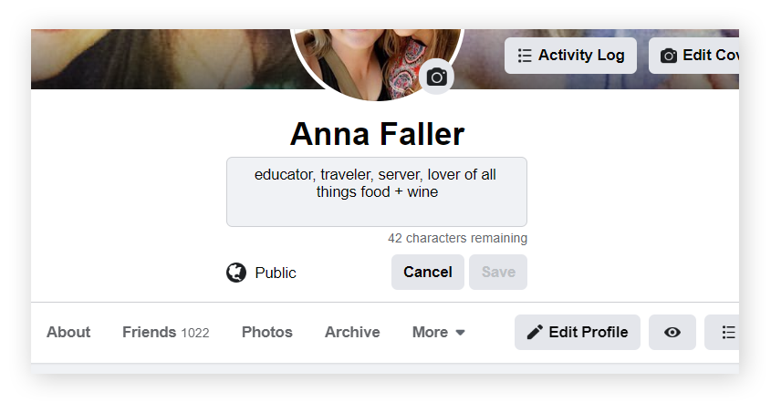 Your Facebook "bio" is the short, customizable, snippet that appears just below your name.