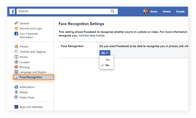 The "Face Recognition Settings" section of your "General Account Settings" page lets you choose whether or not Face Recognition can find you elsewhere on Facebook.
