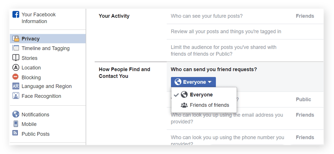 Narrow your pool of possible friend-requests from the "How People Find and Contact You" section of your "Privacy" page. Highlight the row titled, "Who can send you friend requests?" and then make your selection from the dropdown menu.