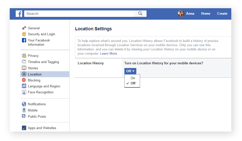 You can turn your "Location History" on and off from the "Location" section of your "General Account Settings" page. Simply make your selection from the dropdown menu.