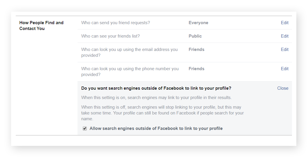 Pull your Facebook profile from Google results and other search engines from the "How People Find and Contact You" section of your "Privacy" page. Simply scroll all the way down to the search engine section and un-check the box labeled "allow."