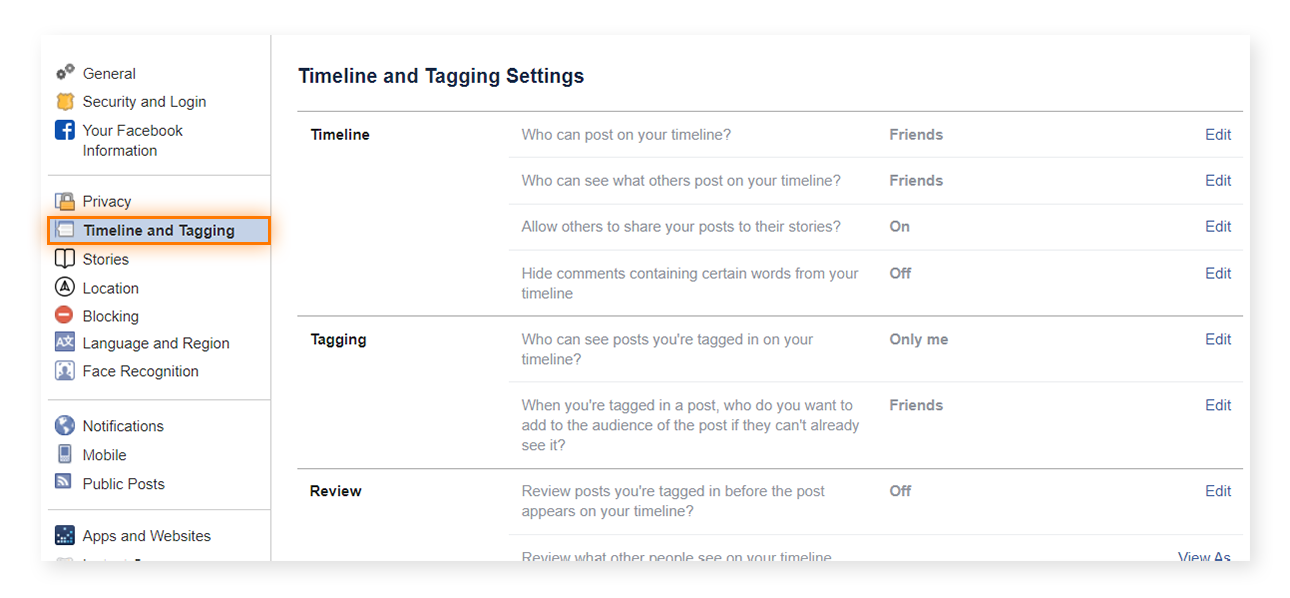 Your "Timeline and Tagging" settings can be accessed from the top left of your "General Account Settings" page.