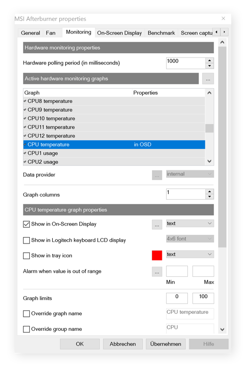 Rivatuner settings to show CPU/GPU temperature