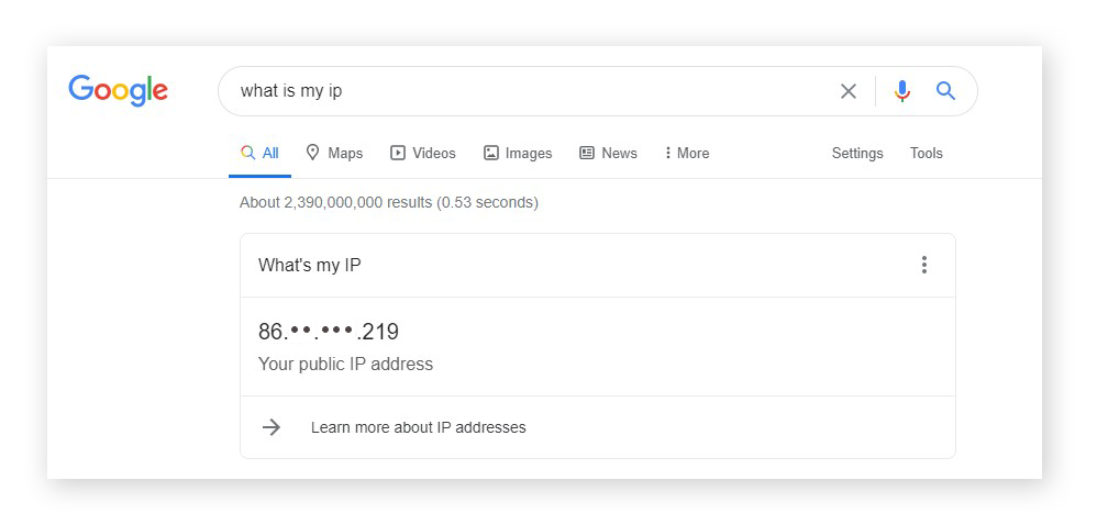 Vérification de votre adresse IP avec une recherche Google