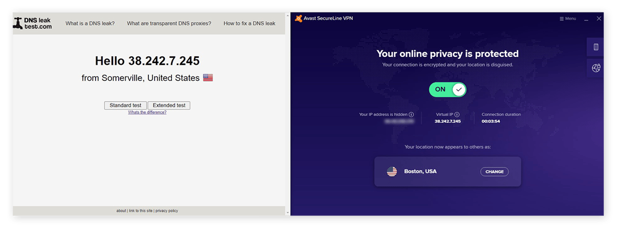 Testing your virtual IP address and DNS protection with Avast SecureLine VPN on DNSLeakTest