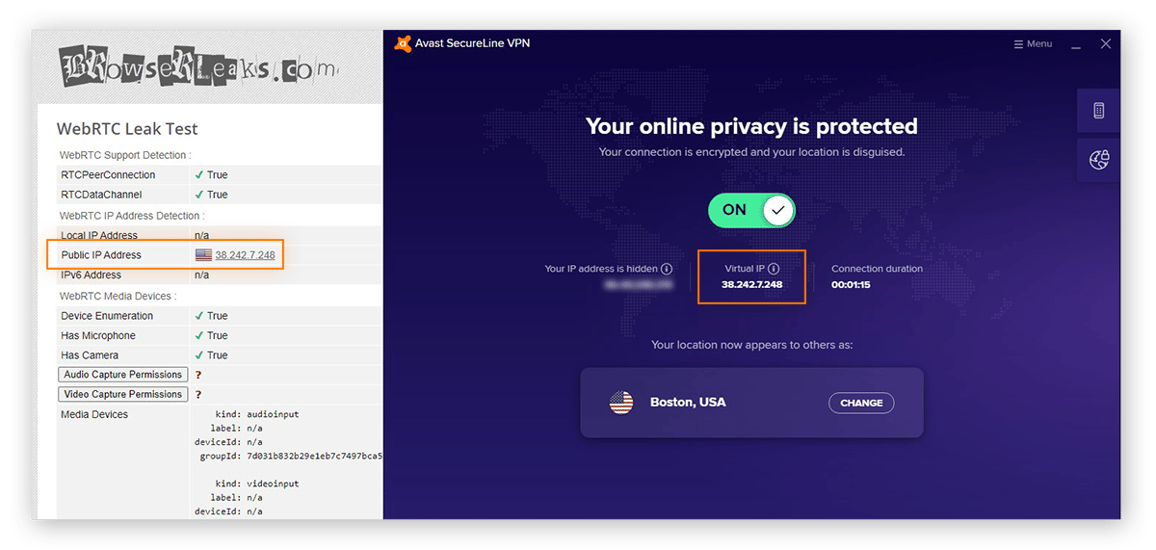 Checking for WebRTC leaks with BrowserLeaks when using Avast SecureLine VPN