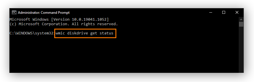 A screenshot of the command prompt, with the command input and ready to be executed: "wmic diskdrive get status."