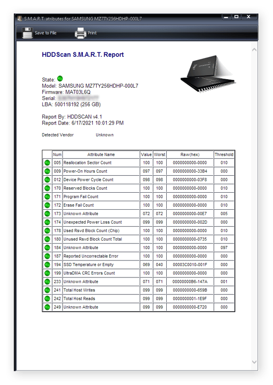 A tabela de resultados de um teste S.M.A.R.T. executado pelo aplicativo HDDScan. Vários atributos diferentes são listados com uma luz verde ao lado de cada um deles, indicando que estão ok.