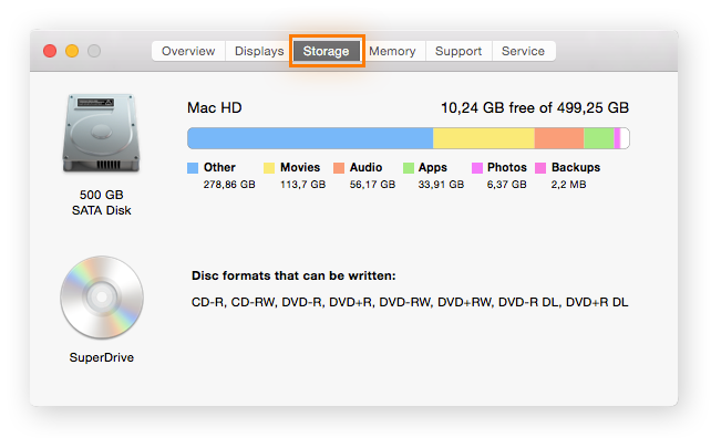 Comprobación del espacio de almacenamiento en macOS a través de «Acerca de este Mac»
