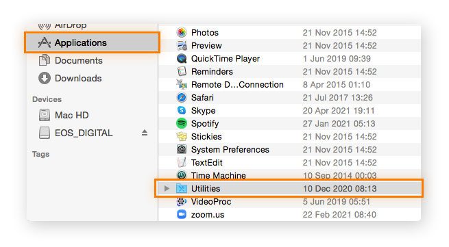 Lista de aplicativos da janela do Finder no macOS.