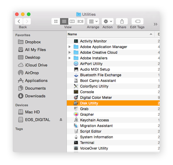A list of Utilites for macOS. "Disk Utility" is highlighted.