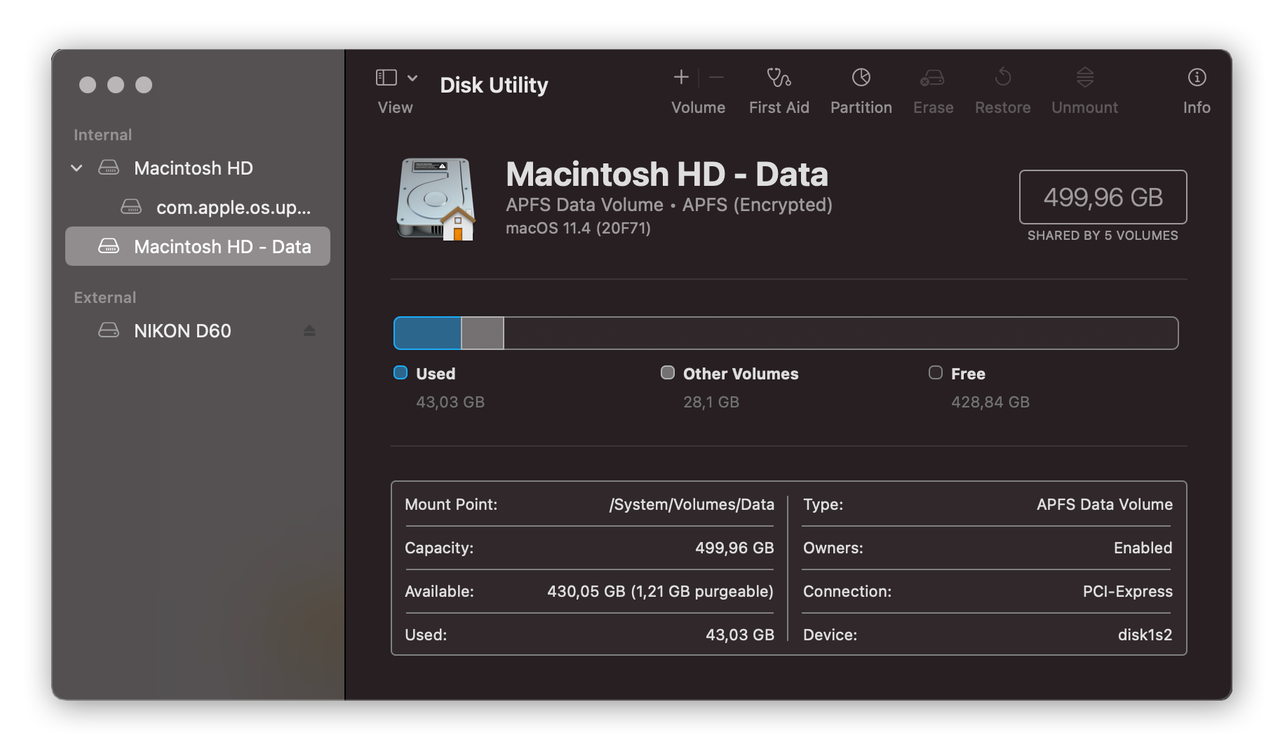 Comprobación del almacenamiento en el Mac a través de la Utilidad de Discos.