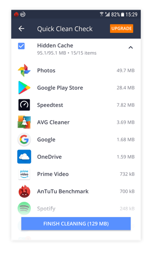 Avast Cleaner for Android list of removable cache files