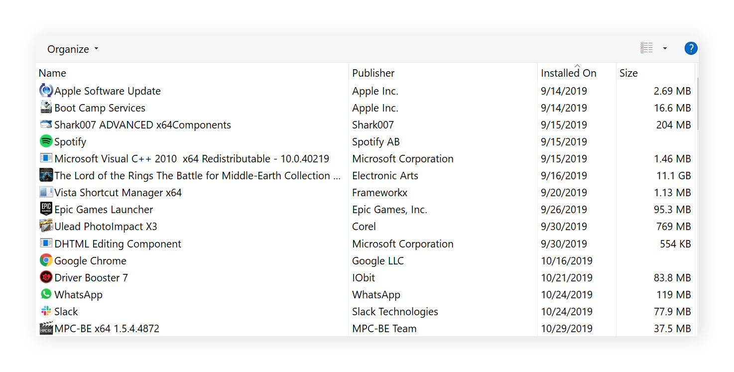 List of installed programs