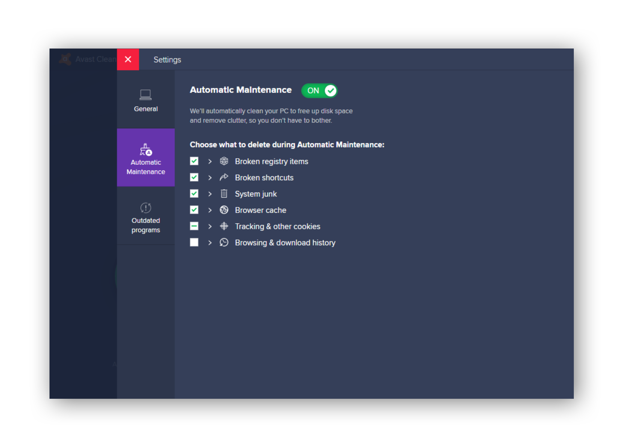 Using Automatic Maintenance in Avast Cleanup.