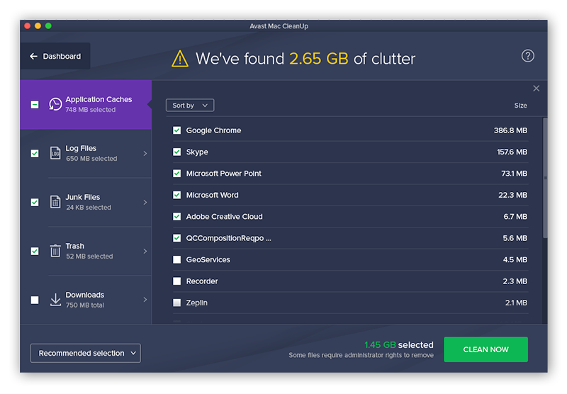 Avast Cleanup scans your Mac for application caches, log files, and other junk so you can free up gigabytes of space.