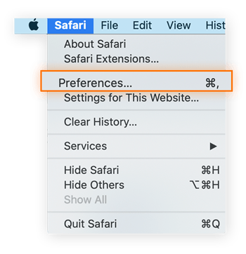 Abrindo o menu do Safari e selecionando Preferências