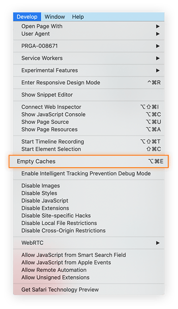 The Develop bar has a button to "Empty caches." Just click it to fully empty your cache in Safari.