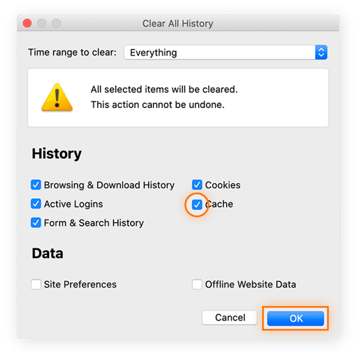 Marque la casilla de «caché» y, luego, haga clic en «Aceptar» para borrar su memoria caché en Firefox.