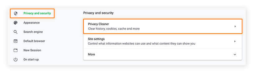 Wählen Sie die Option „Datenschutz und Sicherheit“ und klicken Sie dann auf „Privacy Cleaner“.