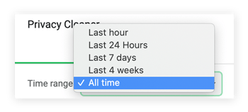Select the time range for cleaning your cache. We recommend "all time."