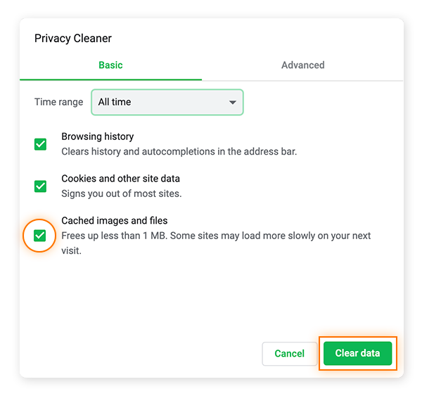 Make sure the "cached images and files" box is checked, and then hit "clear data" to delete the cache in Avast Secure Browser.