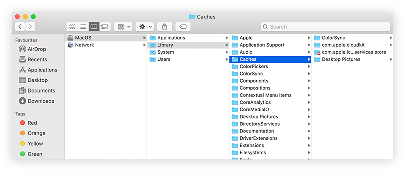 Clicar na pasta Caches no Finder mostra todos os caches de usuário para todos os seus aplicativos.