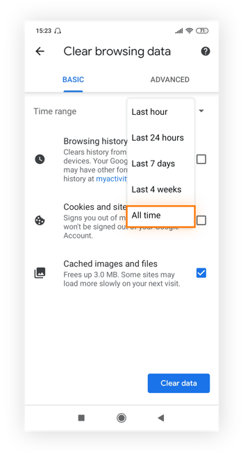 Hervorheben von „Gesamte Zeit“ im Menü „Zeitraum“ auf dem Bildschirm „Browserdaten löschen“ von Chrome