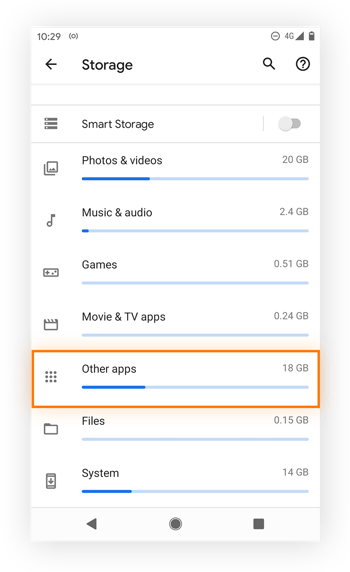Visualización del almacenamiento en los ajustes en Android 11.