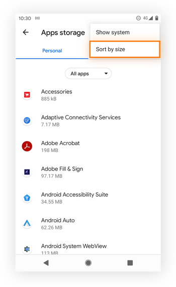 Classificando aplicativos por tamanho para ver quais ocupam mais espaço de armazenamento no Android 11.