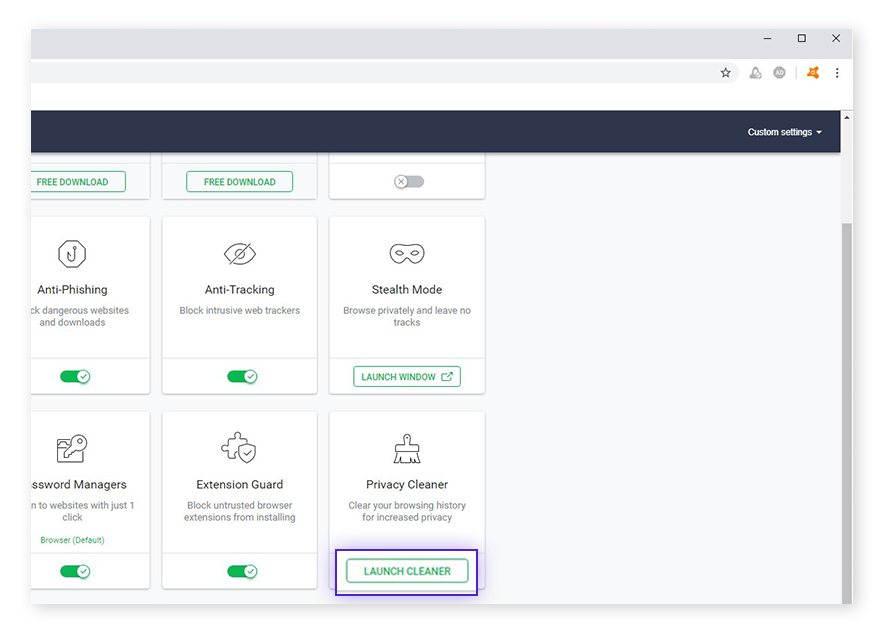 Opening the Privacy Cleaner from the Security & Privacy Center in Avast Secure Browser