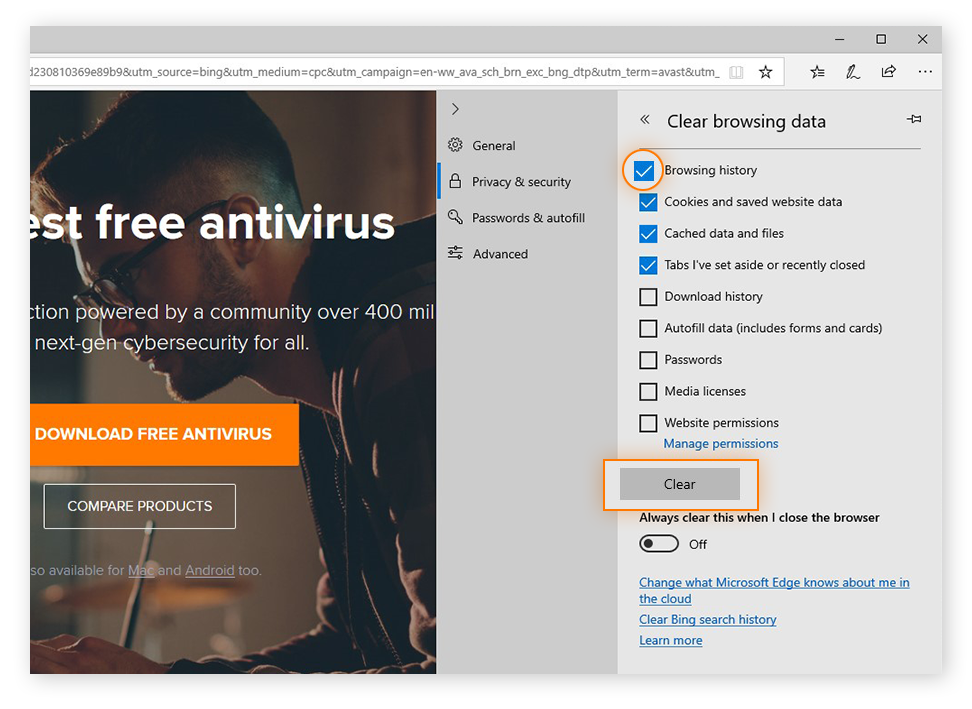 Clearing browsing data in Microsoft Edge for Windows 10