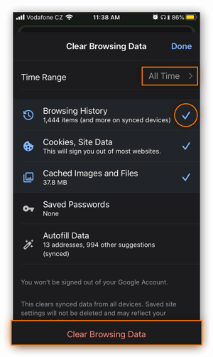 Clearing your browser data in Google Chrome for iOS