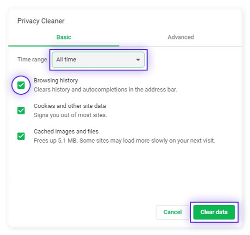 Clearing browsing data in the Privacy Cleaner of Avast Secure Browser for Windows 10