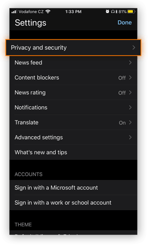 The Settings menu in Microsoft Edge for iOS