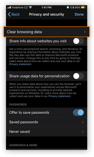The Privacy and Security menu in Microsoft Edge for iOS