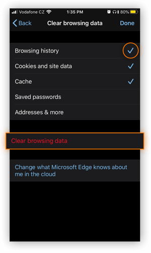 Clearing browsing data in Microsoft Edge for iOS