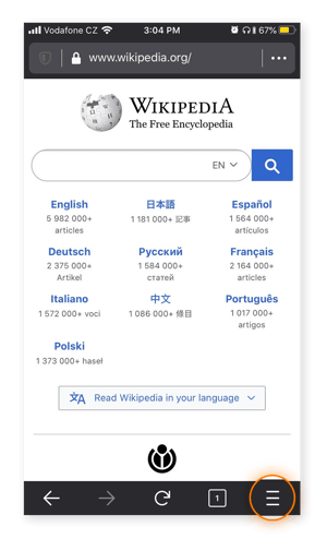 The menu interface for Firefox on iOS