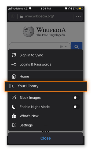 The menu in Mozilla Firefox in iOS.