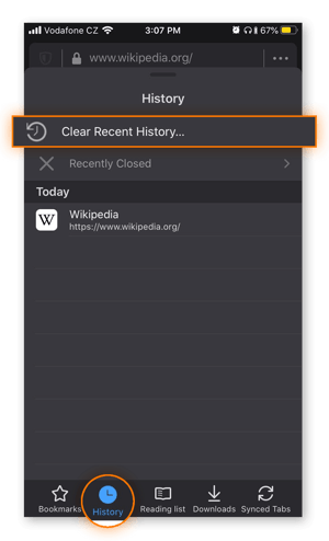 The History menu in Mozilla Firefox for iOS.
