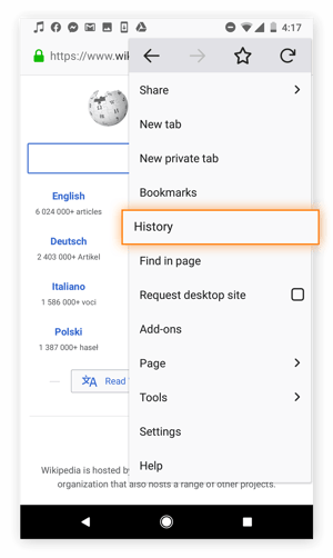 Opening the History in Firefox for Android