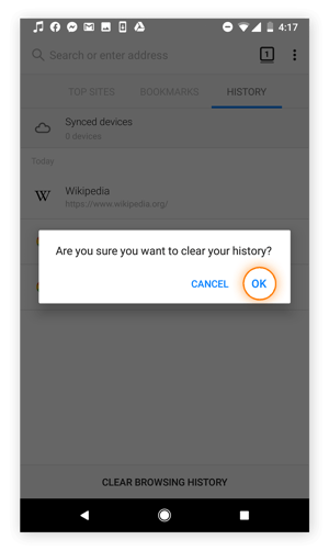 Clearing the browsing history in Firefox for Android